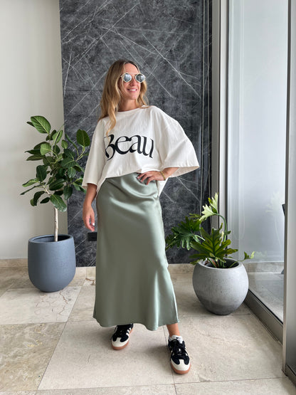 Sage Silky midi skirt