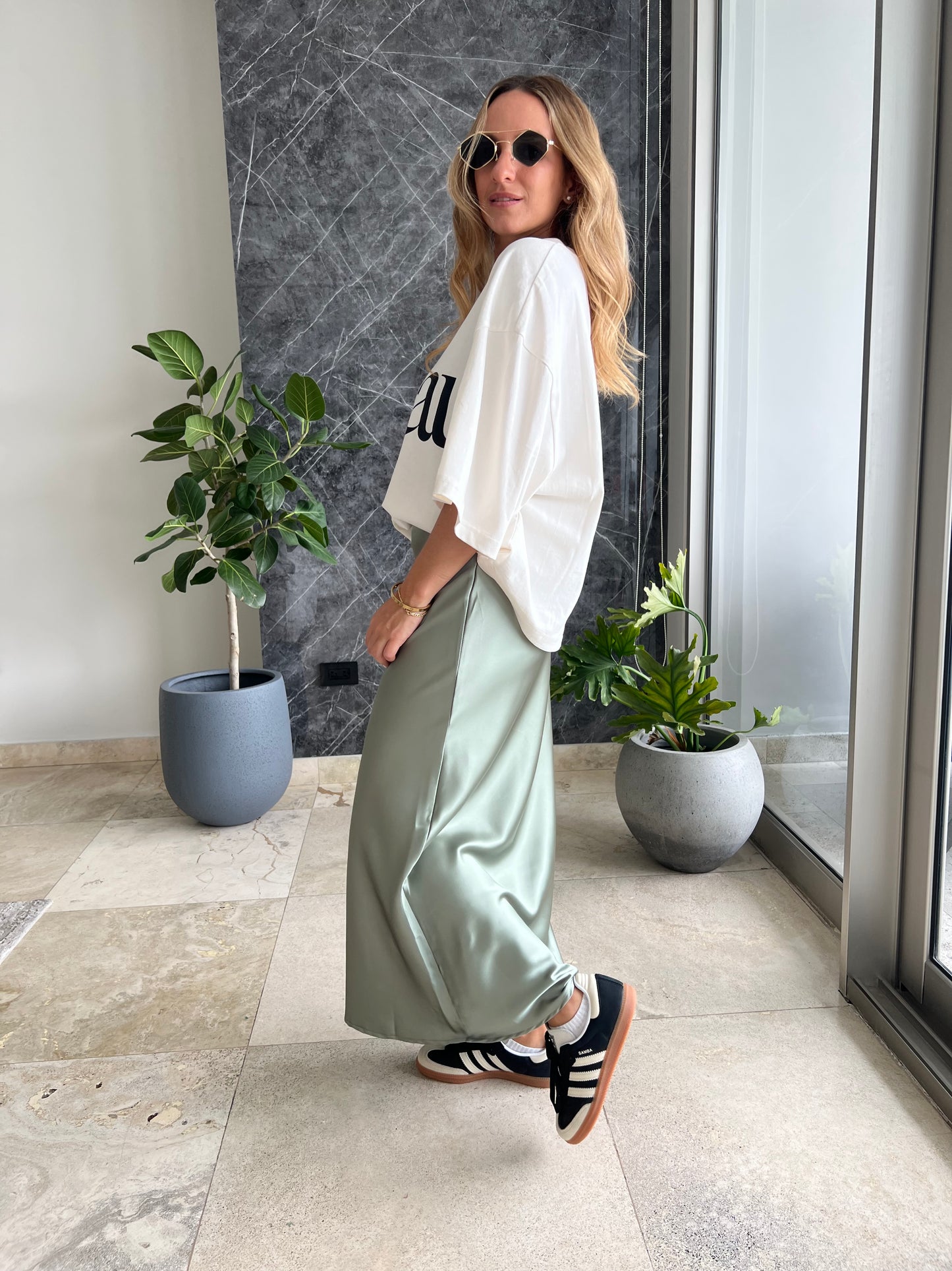 Sage Silky midi skirt