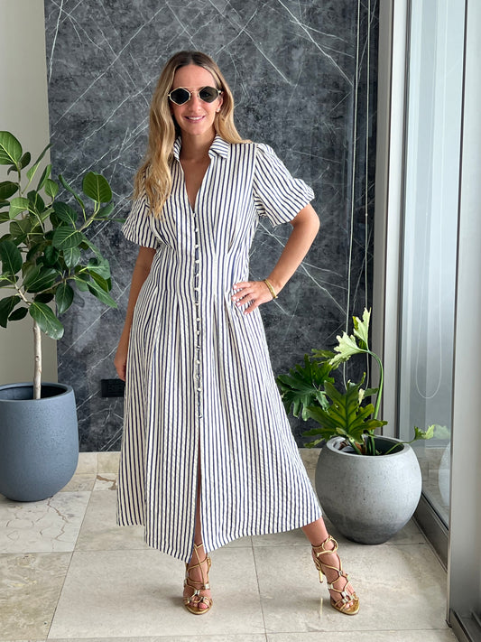 Puffy striped black midi Dress