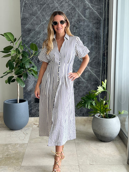 Puffy striped black midi Dress