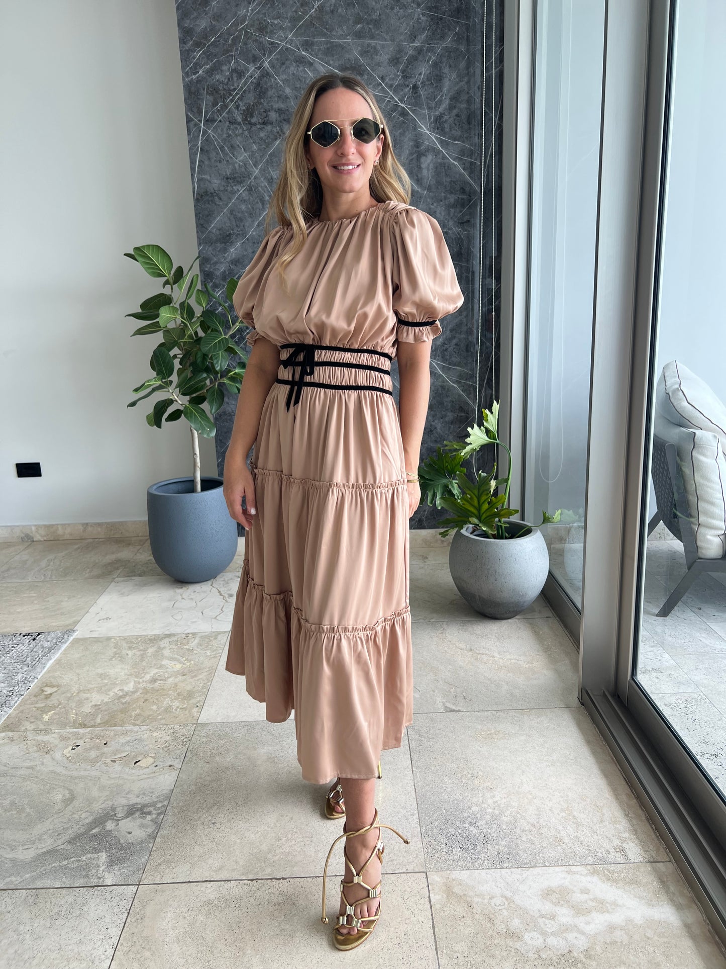 Nude Silky ruffled midi Dress
