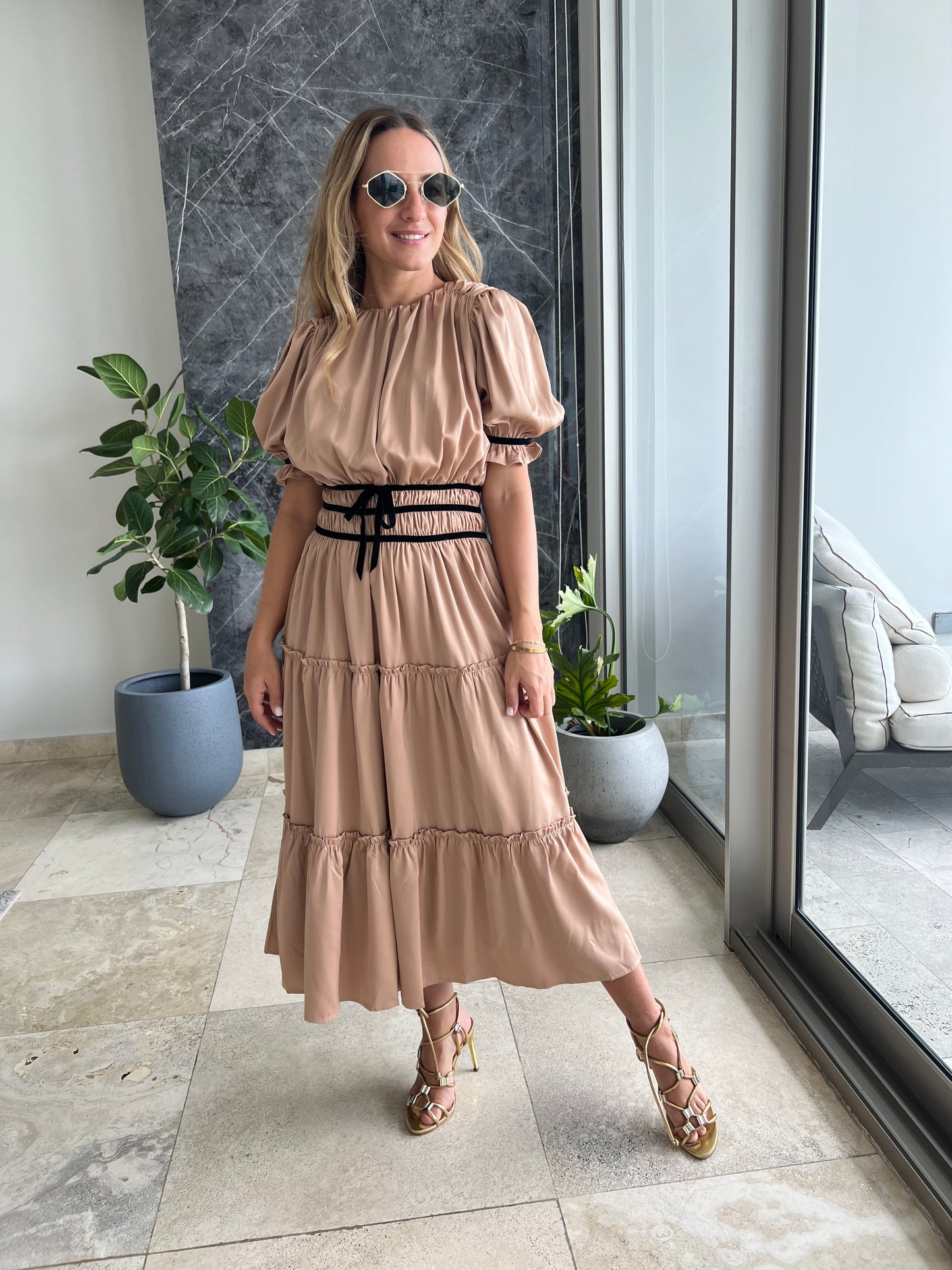 Nude Silky ruffled midi Dress