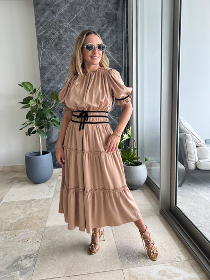 Nude Silky ruffled midi Dress