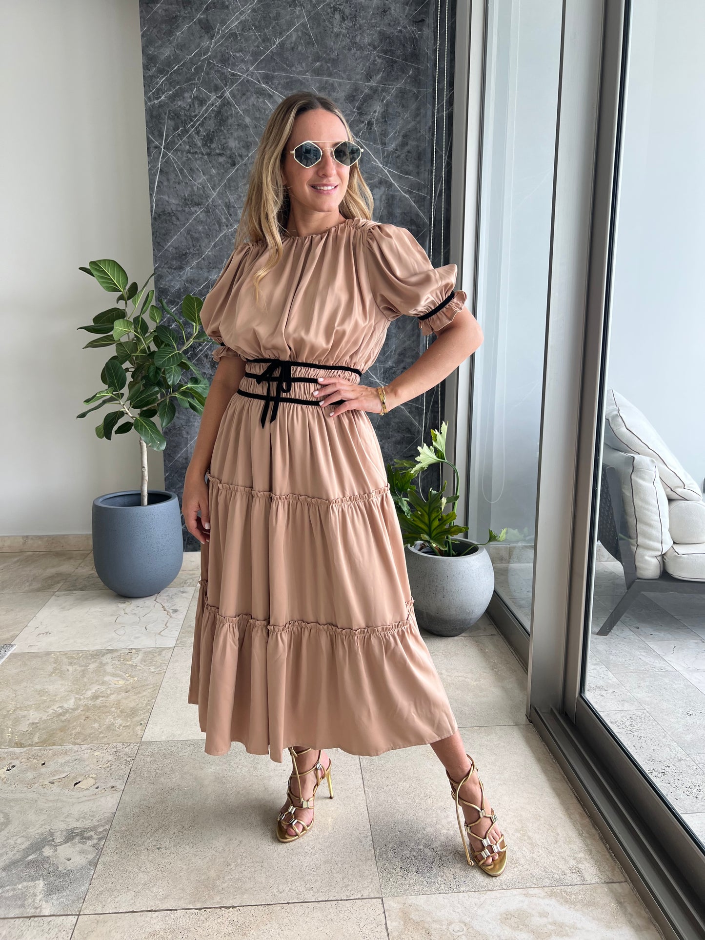 Nude Silky ruffled midi Dress