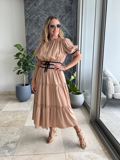 Nude Silky ruffled midi Dress