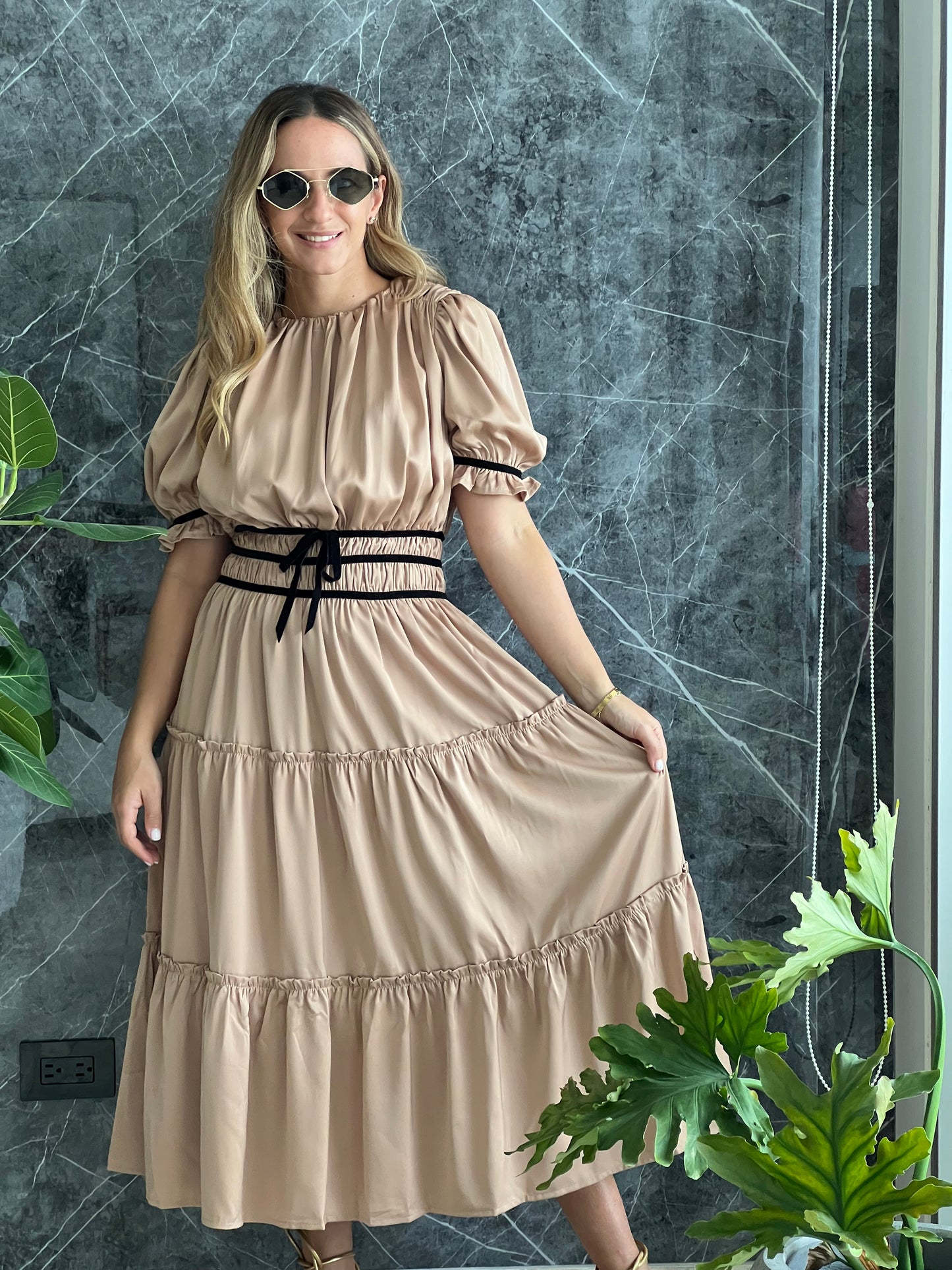 Nude Silky ruffled midi Dress