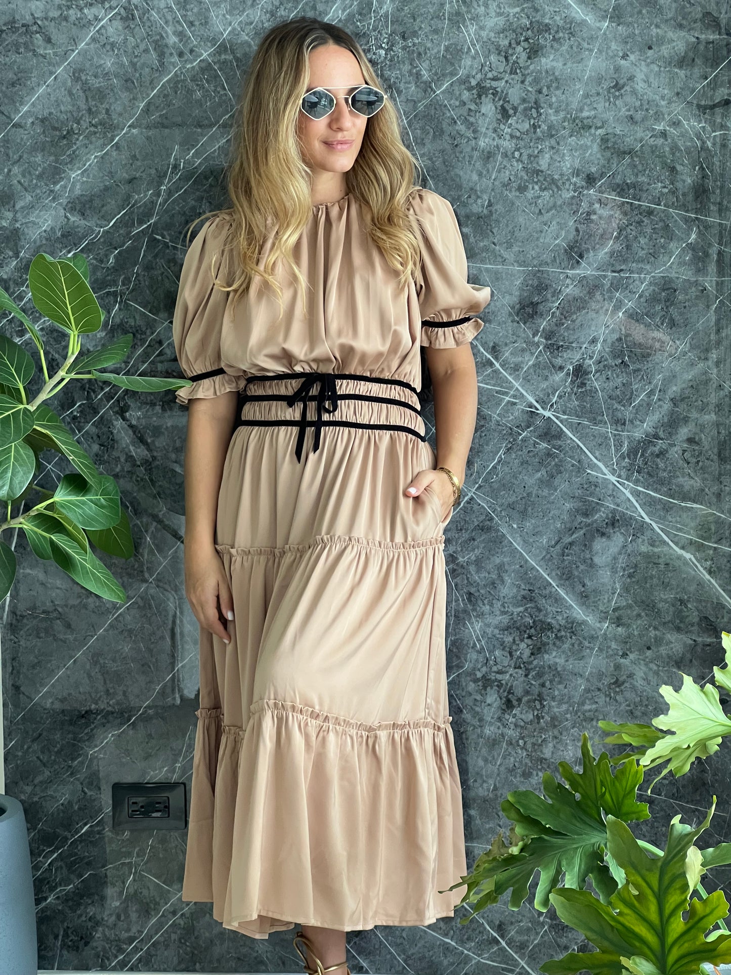 Nude Silky ruffled midi Dress
