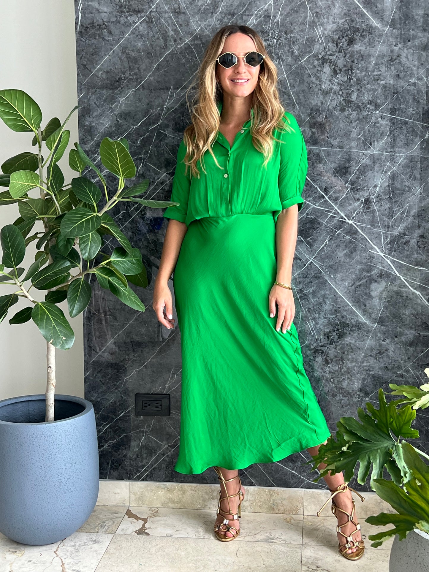 Green Silky midi Dress