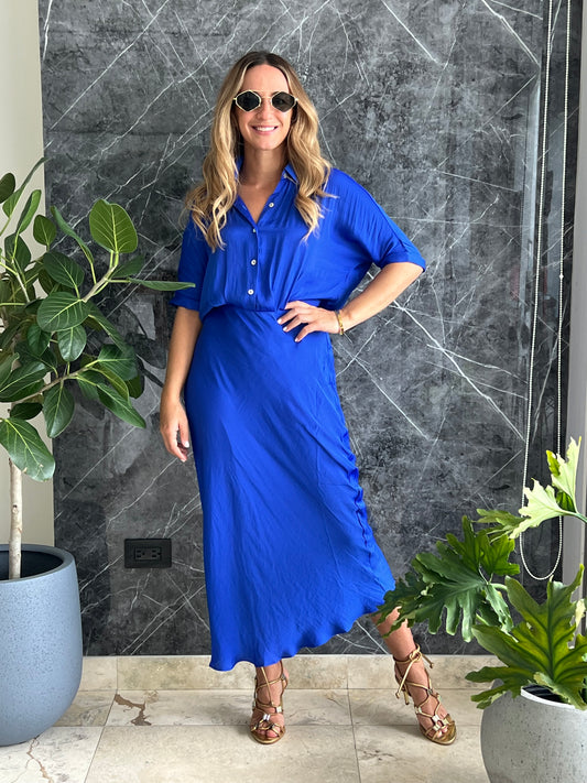 Blue Silky midi Dress