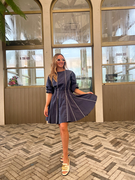 Navy smocked & puffy dress