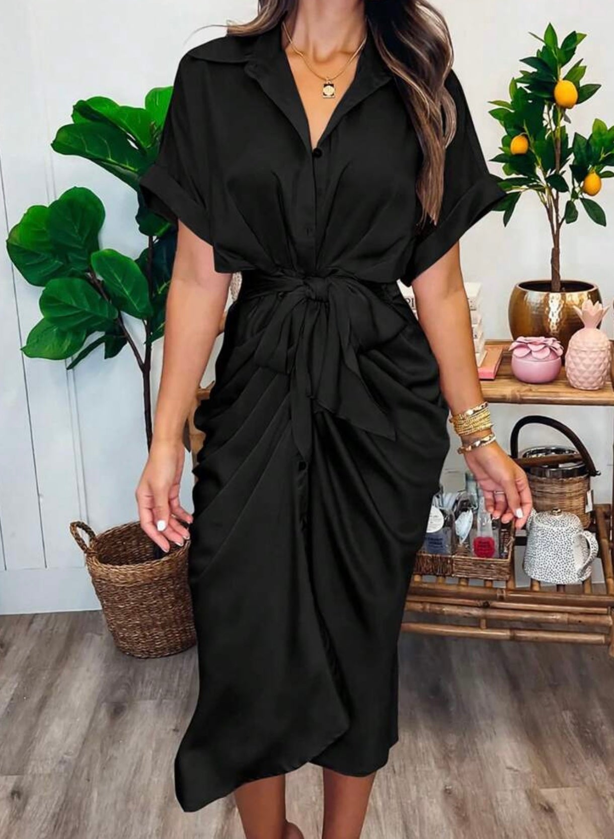 Black Silky tie in front Dress – doubletroublepanama