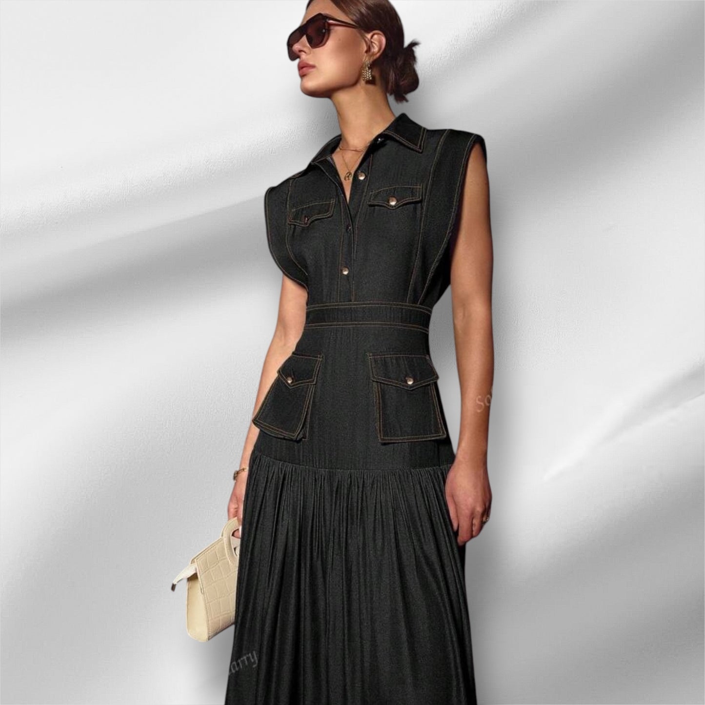Black stiched pleated dress 10 mayo