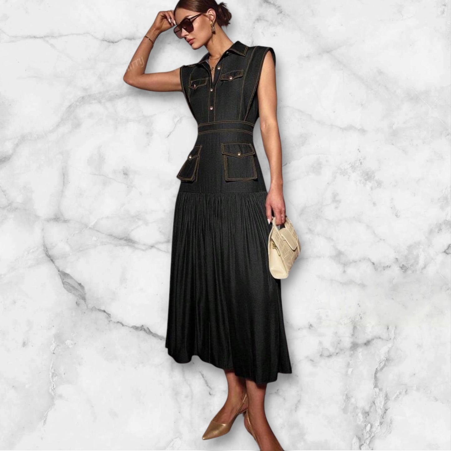 Black stiched pleated dress 10 mayo