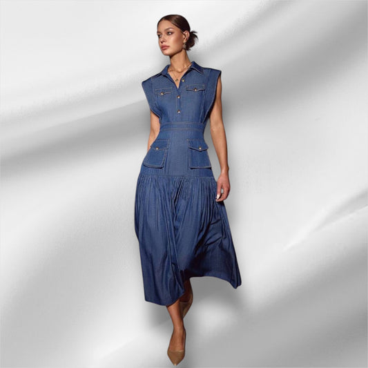 Denim stiched pleated dress