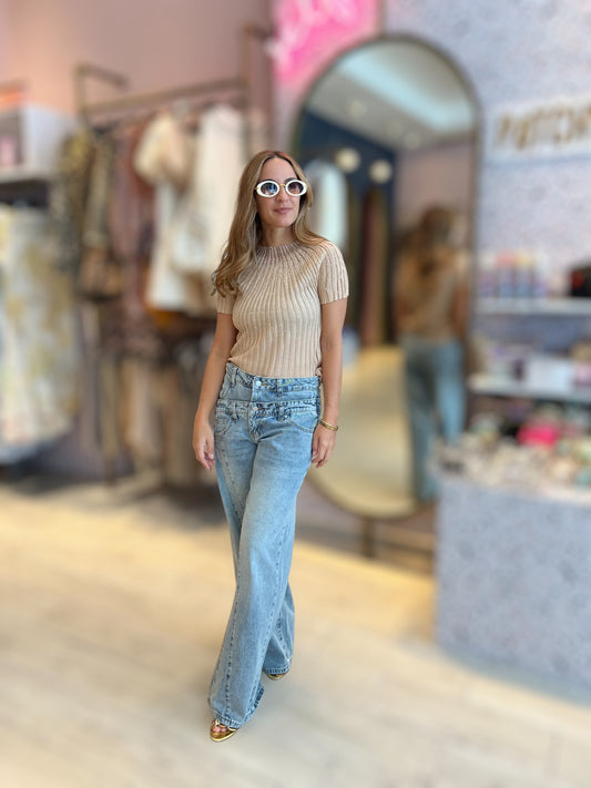 Camel rhinestones ribbed top