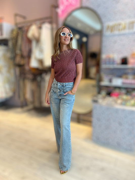 Brown rhinestones ribbed top