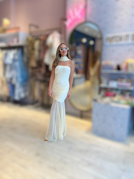 Beige mesh  off shoulder dress