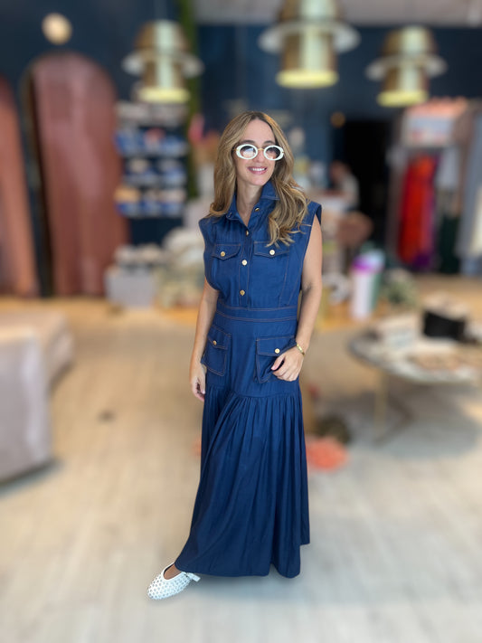 Denim stiched pleated dress