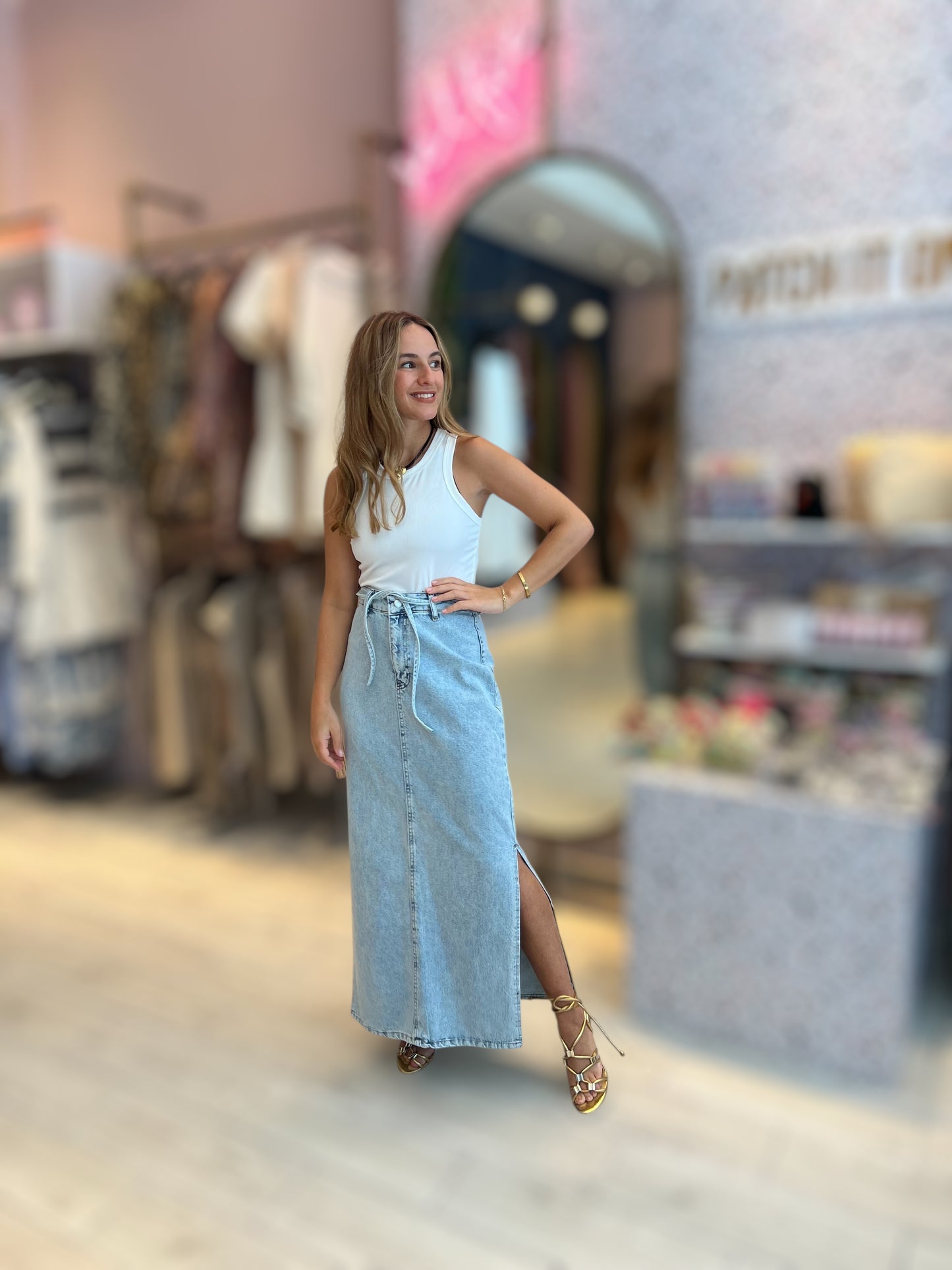 Belted rope denim skirt