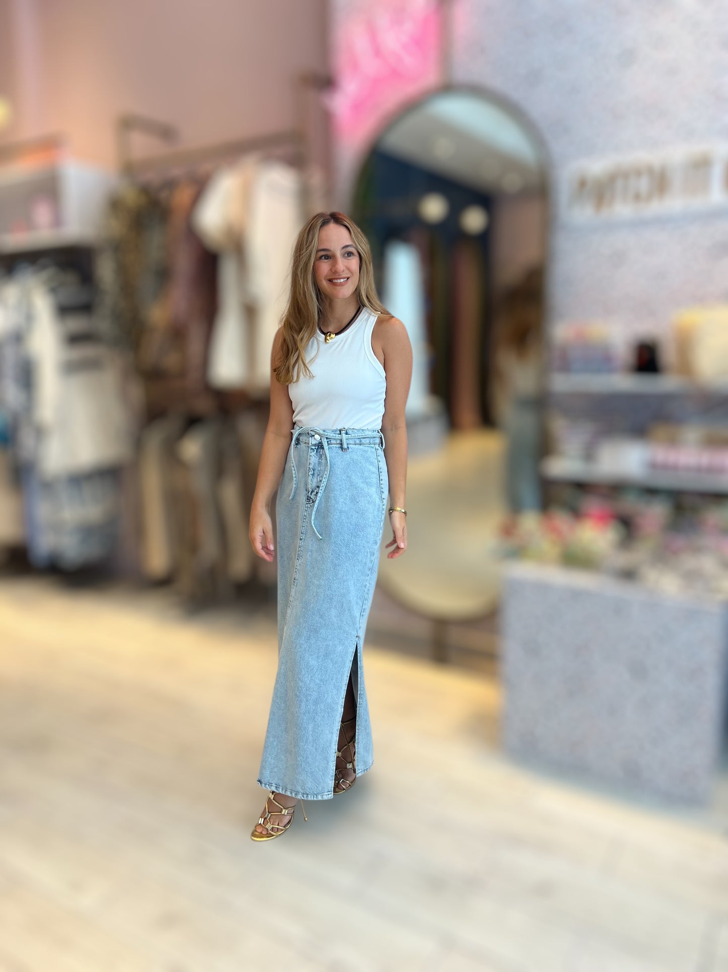 Belted rope denim skirt