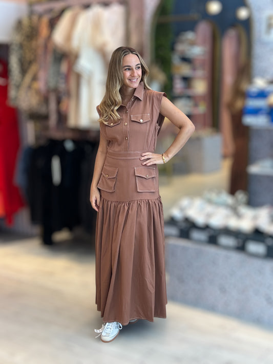 Caramel stiched & pleated dress