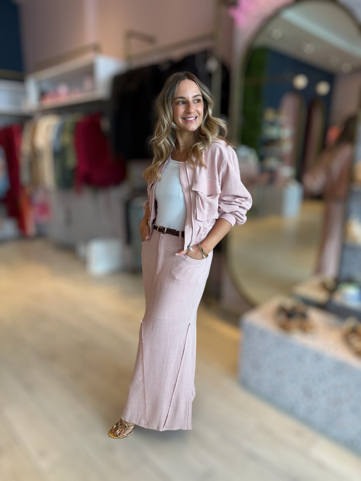 Pink linnen tzniut skirt set