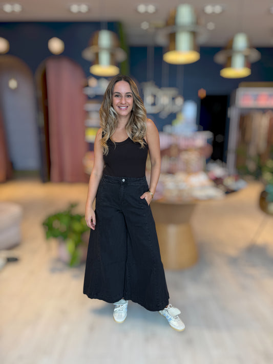Black flare denim pants