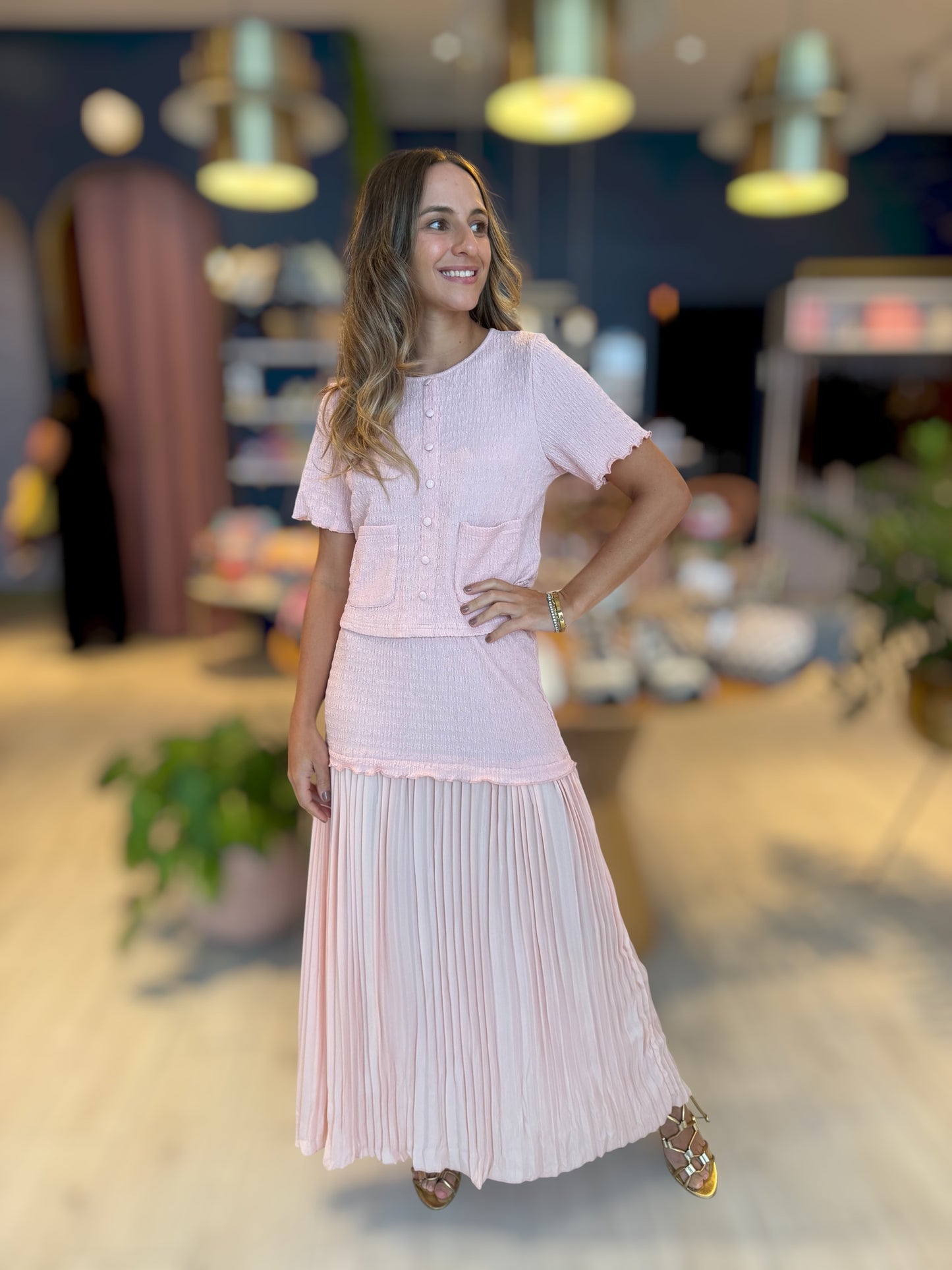Pink plaid skirt set