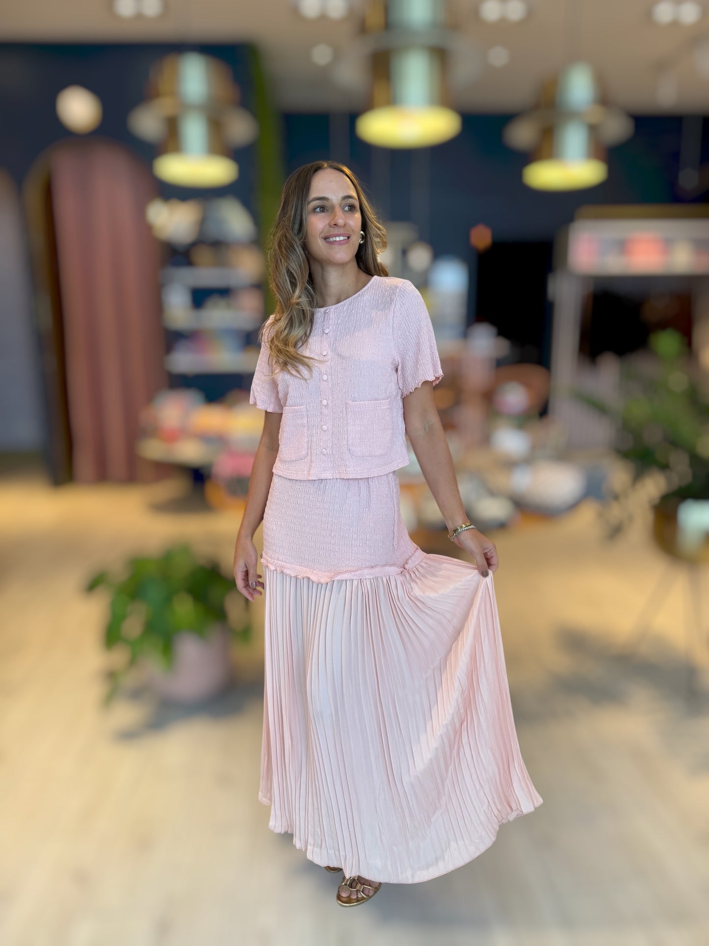 Pink plaid skirt set