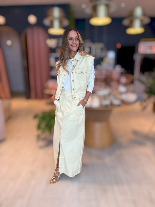 Butter yellow stiched skirt & vest set