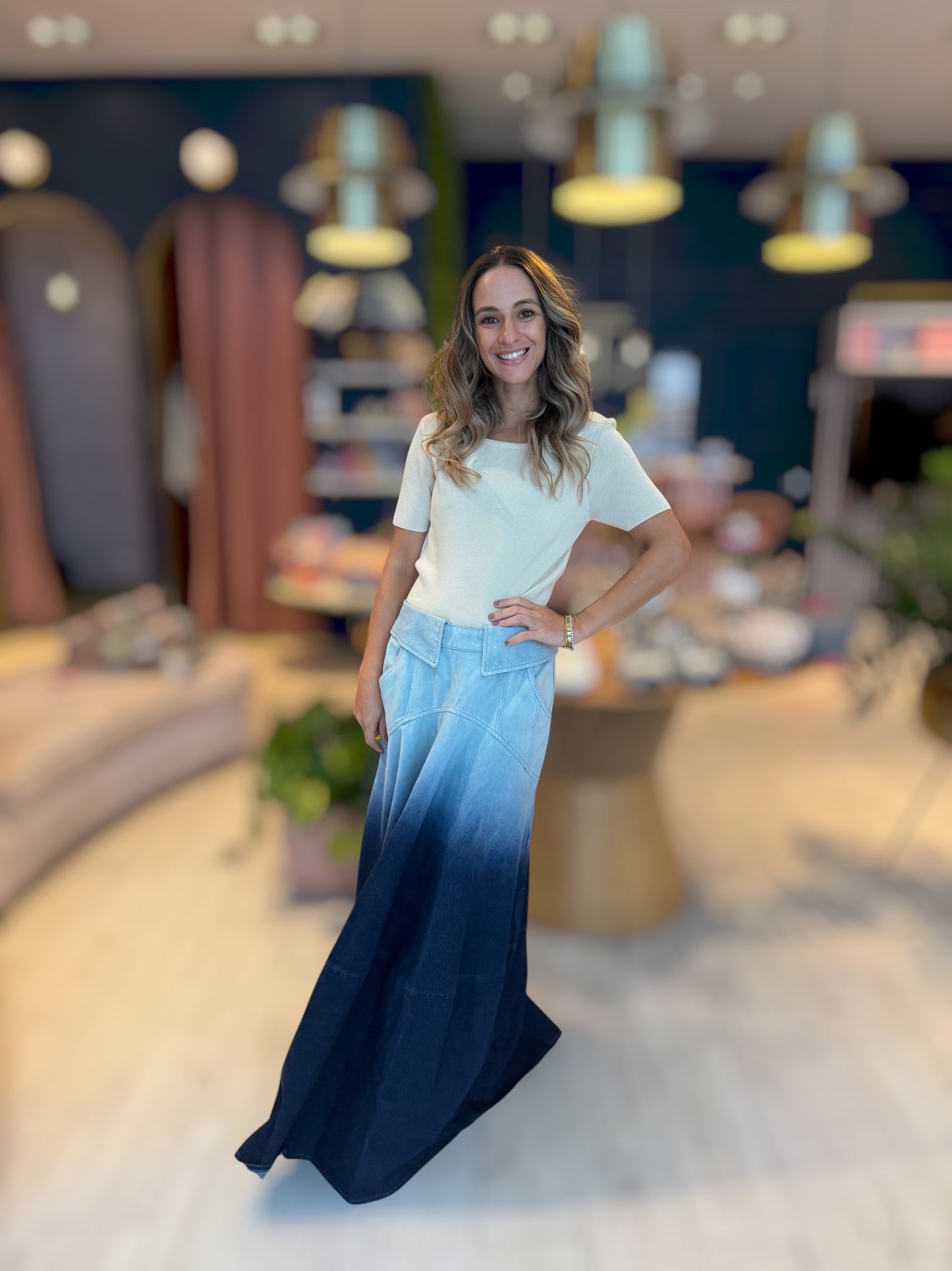 Tie dye denim maxi skirt