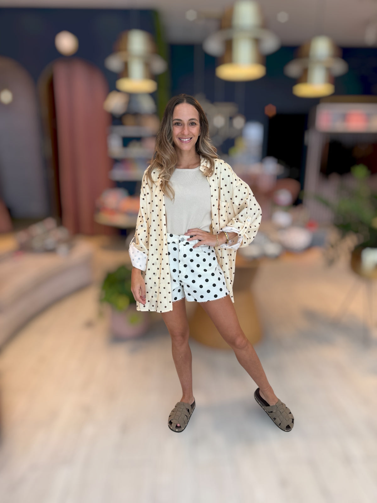 Polka dots denim shorts