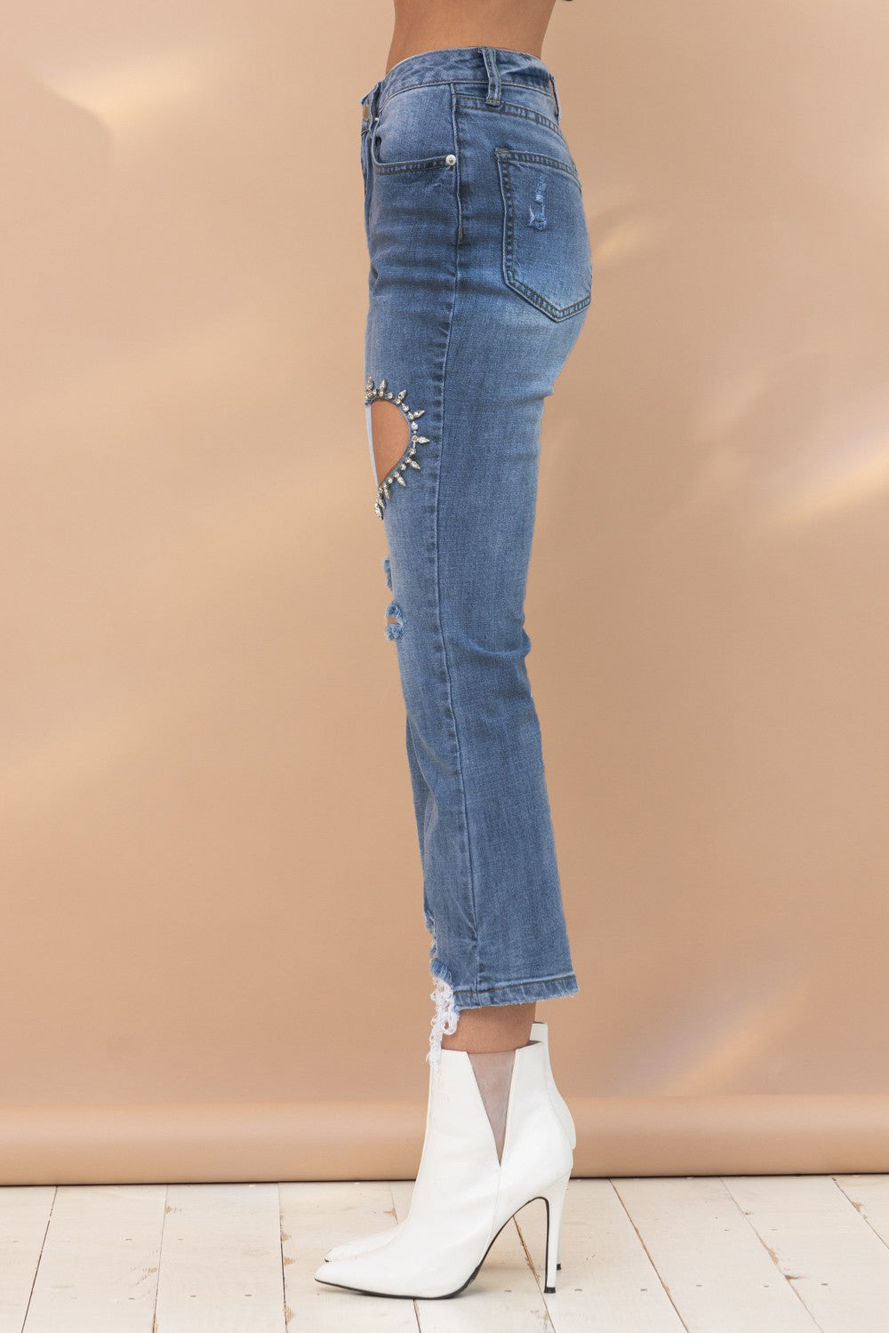 Cut out heart rhinestones jeans