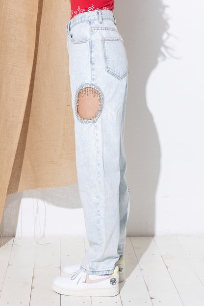 Cut out rhinestones jeans