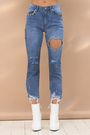 Cut out heart rhinestones jeans