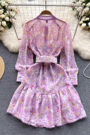 Lavender botanical belted puffy dress