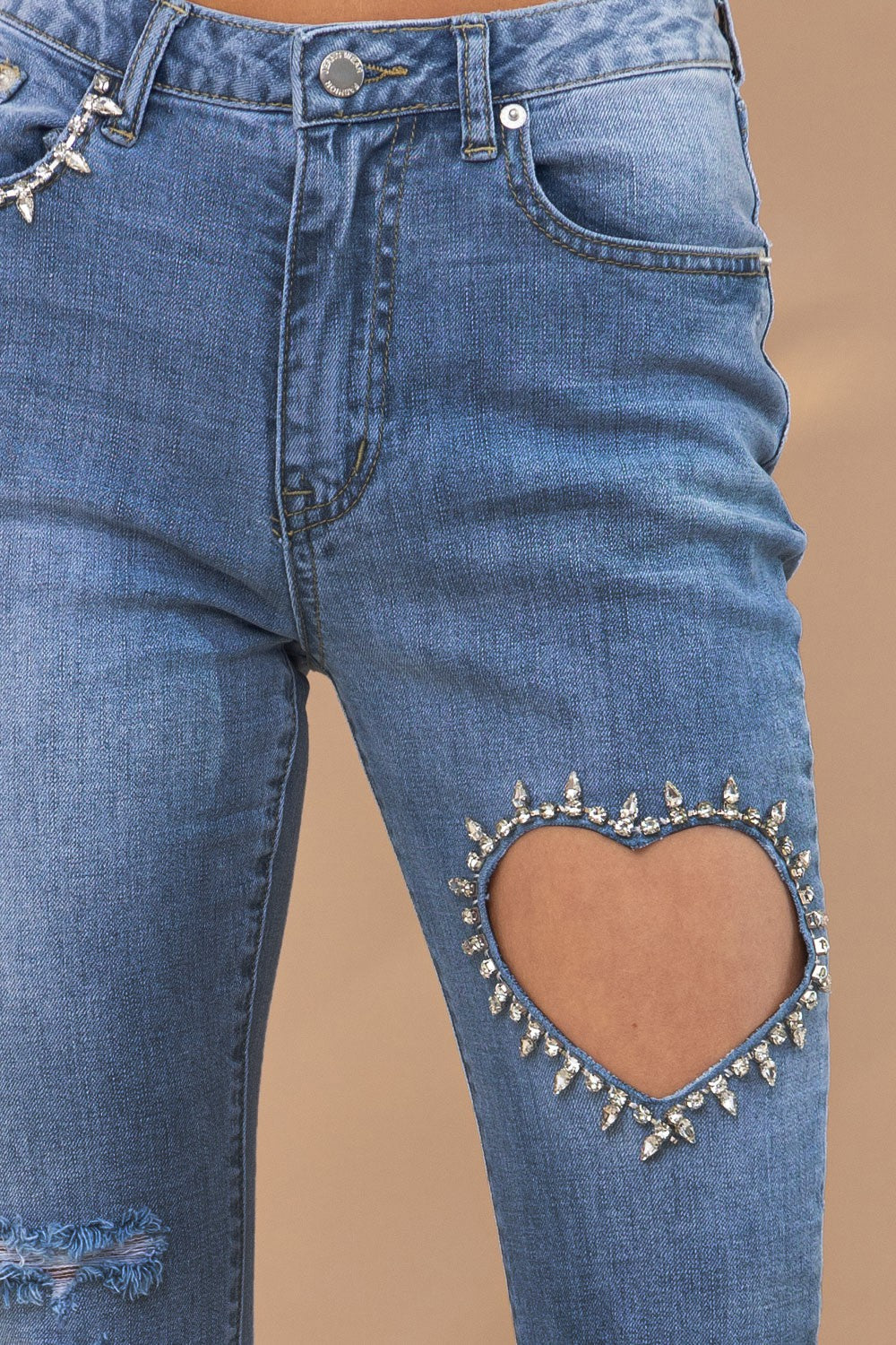 Cut out heart rhinestones jeans