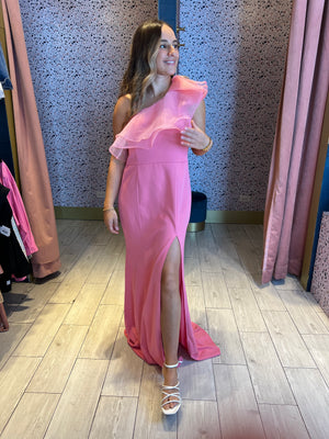 Pink ruffled one shoulder organza  dress