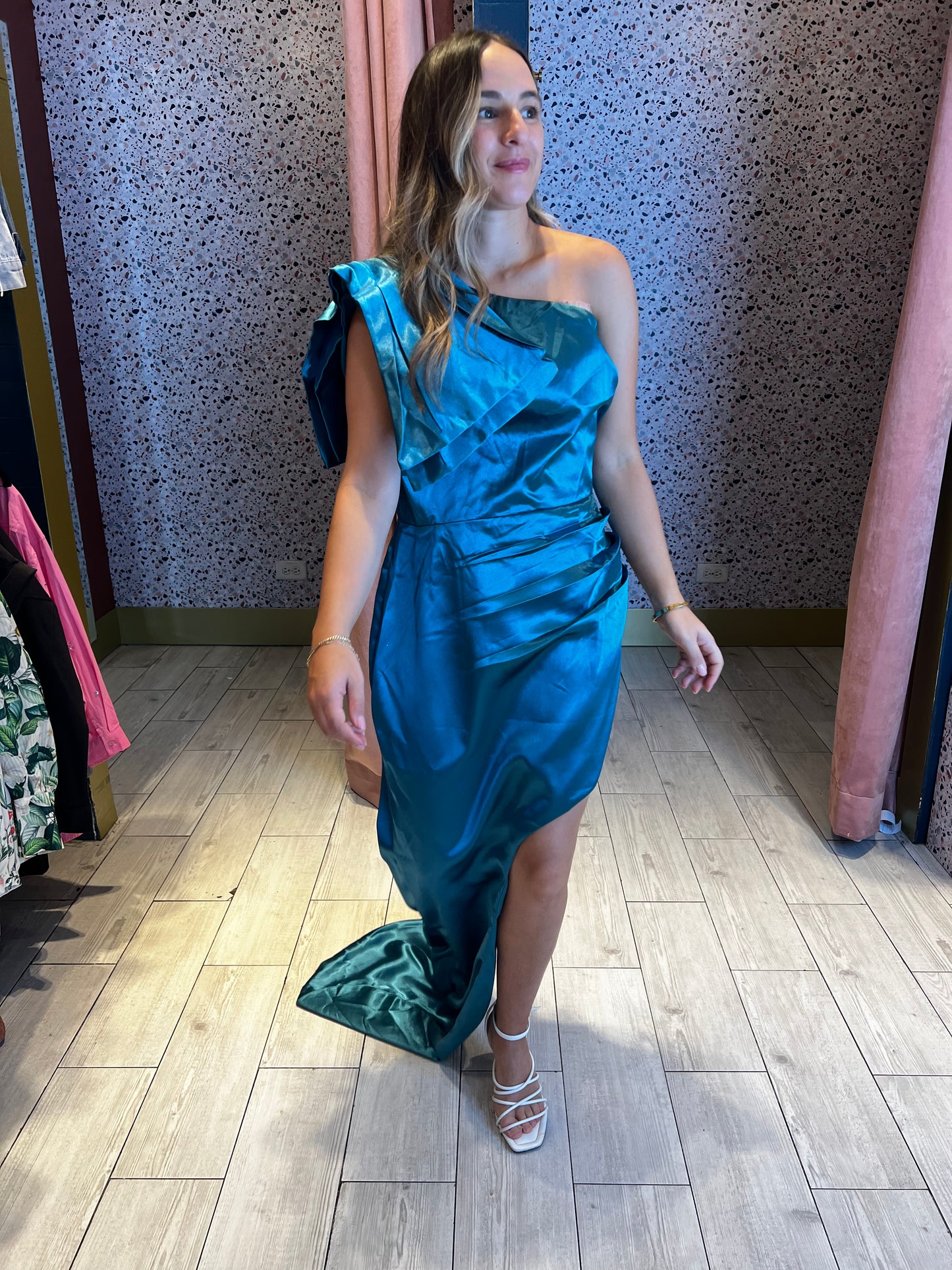 Teal bow one shoulder dress