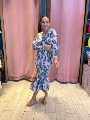 Green botanical smocked dress