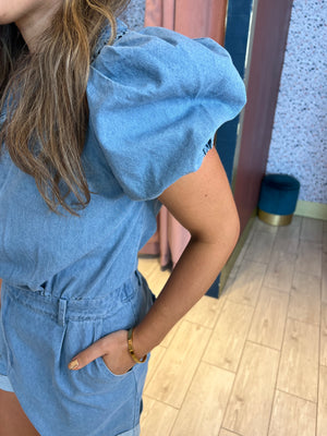 Denim puffy romper