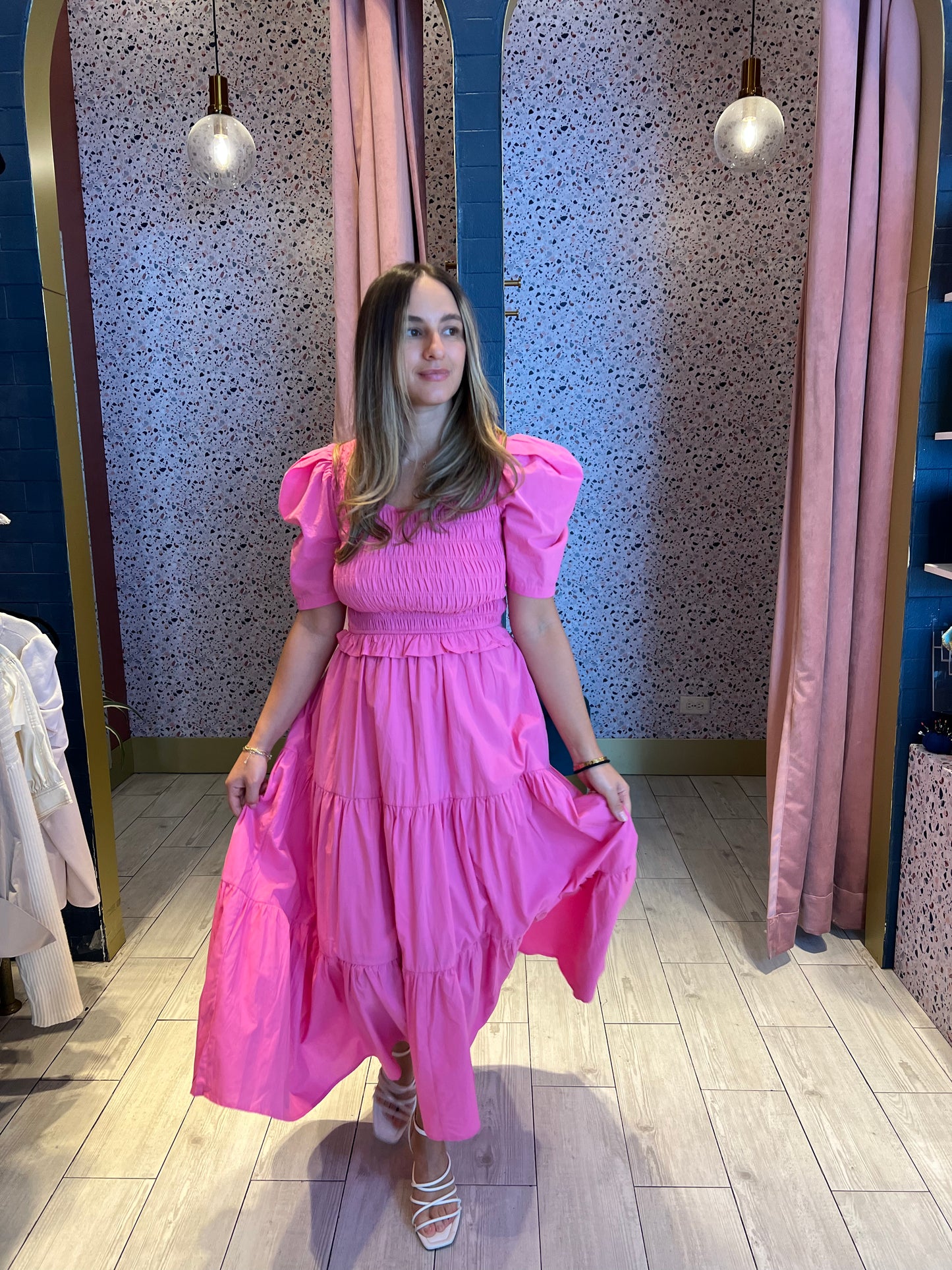 Pink smocked maxi dress