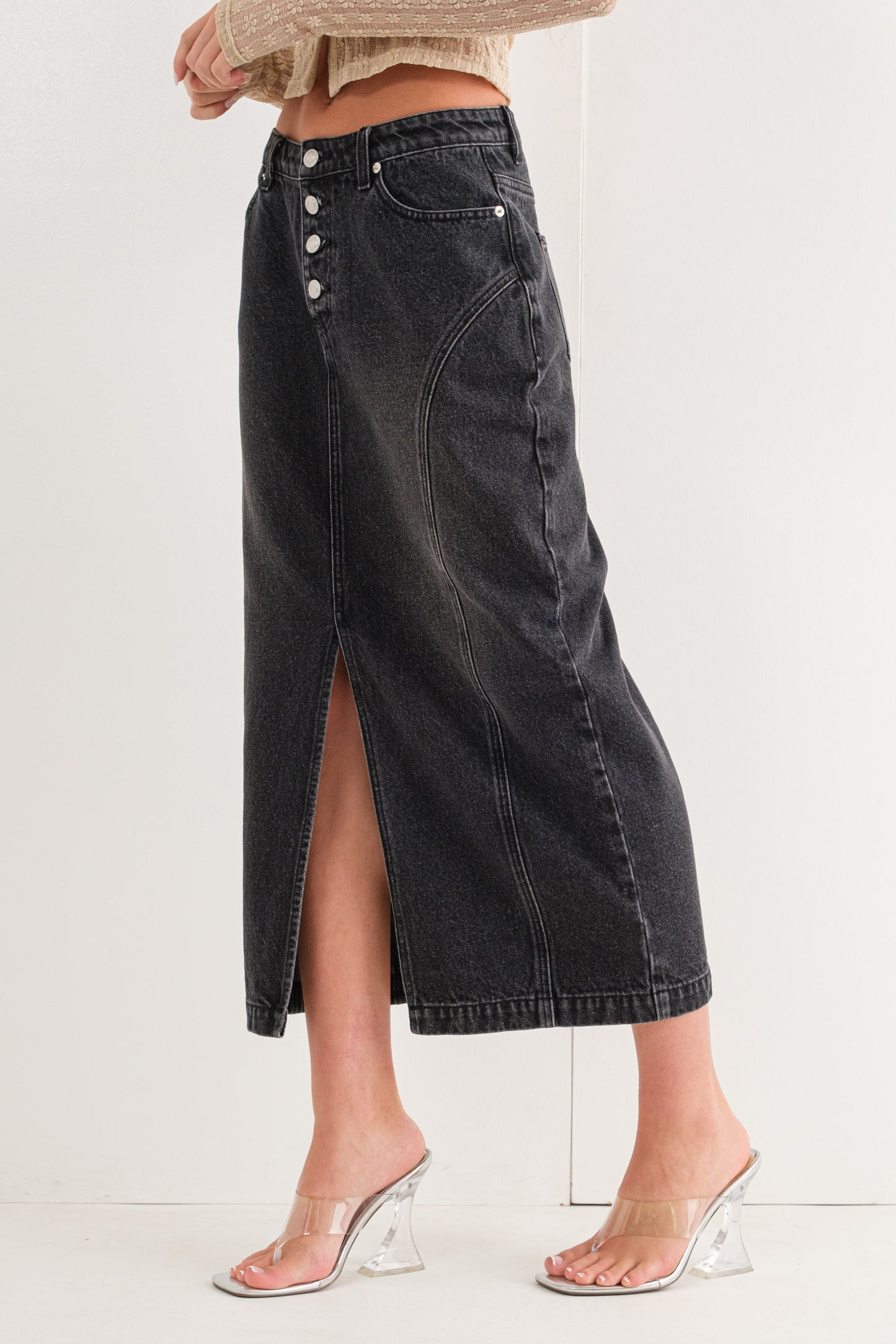 Black denim low waist skirt