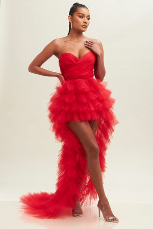 Red puffy high low dress