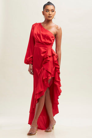 Red ruffled one shoulder dress
