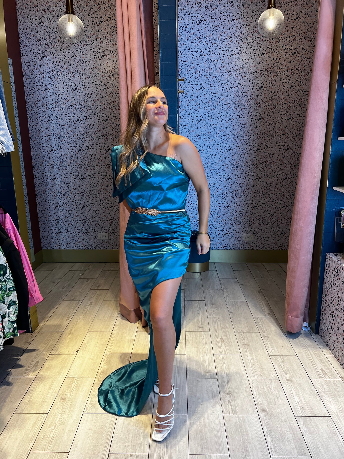 Teal bow one shoulder dress