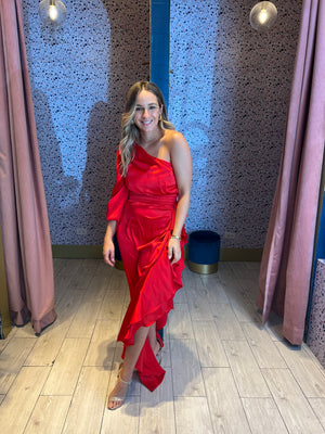 Red ruffled one shoulder dress