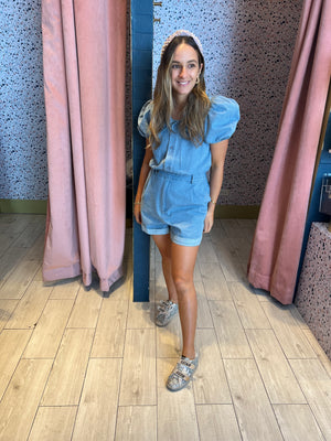 Denim puffy romper