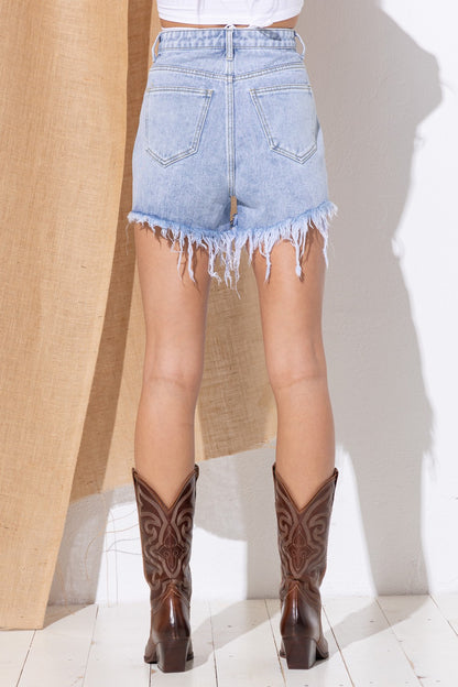 Denim rhinestones fringed shorts