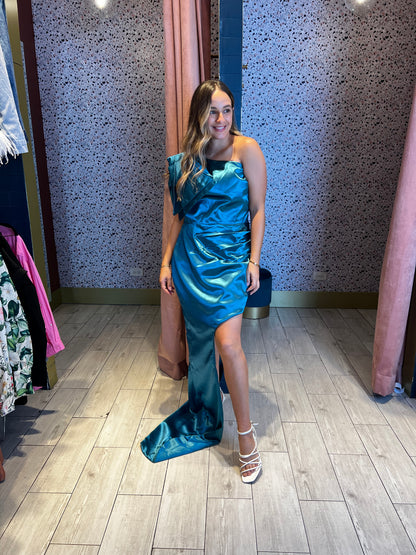 Teal bow one shoulder dress